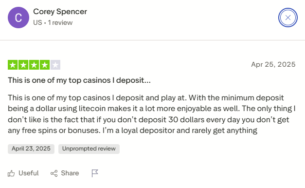 Verified Trustpilot review for Adrenaline Casino showing player satisfaction