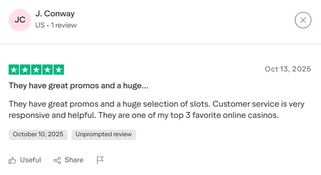 Happy customer review summarizing a great experience at Adrenaline Casino