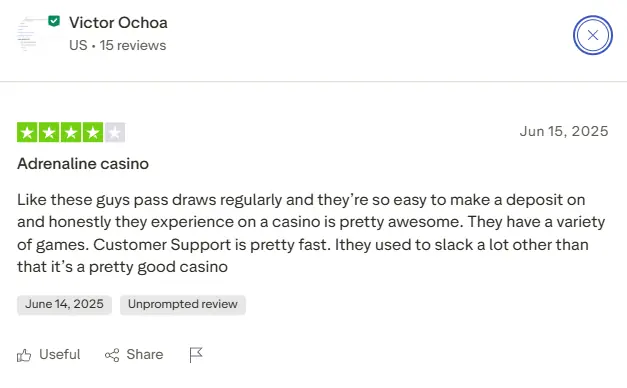 Canadian player review highlighting Adrenaline Casino's fast withdrawals