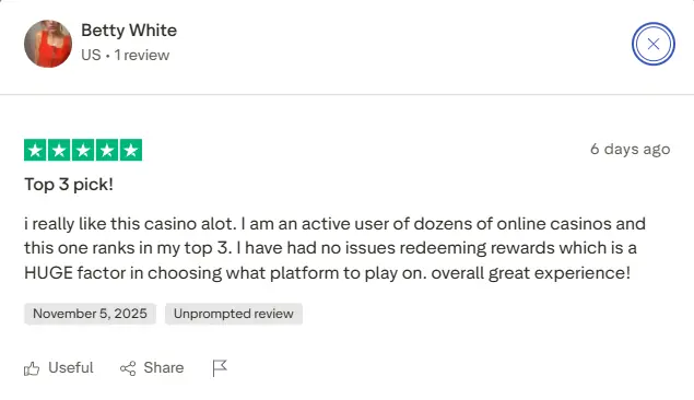 Positive Trustpilot feedback about Adrenaline Casino's customer service