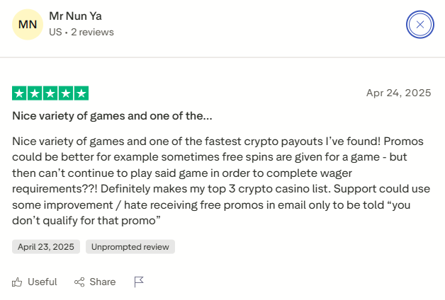 Trustpilot review commending the overall experience at Adrenaline Casino