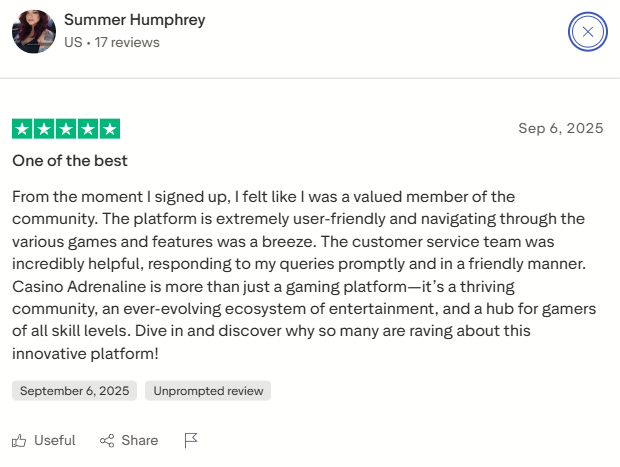 Satisfied player comment about game selection at Adrenaline Casino Canada