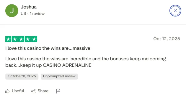 Adrenaline Casino positive review screenshot from a verified player